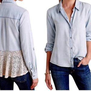Anthropologie Holding Horses Appliqué Chambray Lace Boho Button Down Shirt Sz S